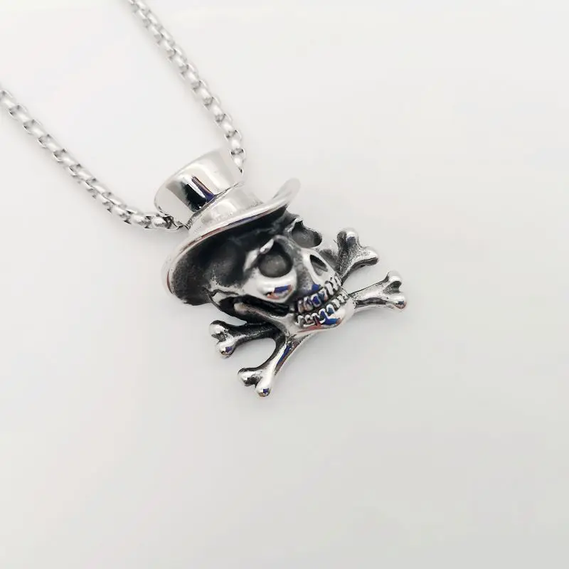 

Gothetic Punk Hat Skull skeleton pendant necklace Vintage silver color stainless steel hip hop rock skeleton necklace BLKN0799
