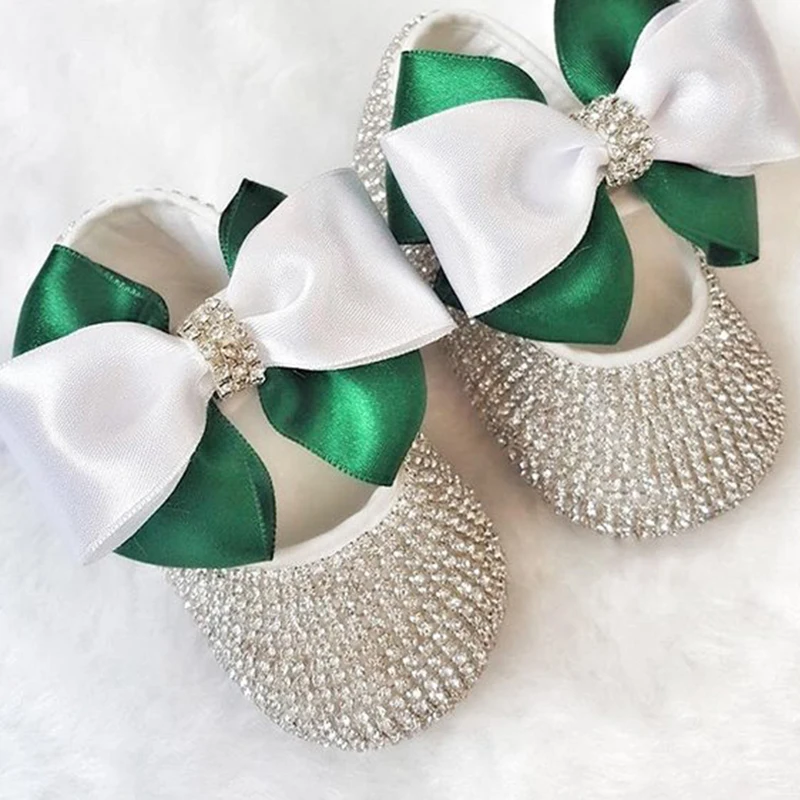 

bowknot Custom Sparkle Bling Bling crystals Rhinestones Baby girls shoes infant 0-1Y ribbon Princess shoes First Walkers
