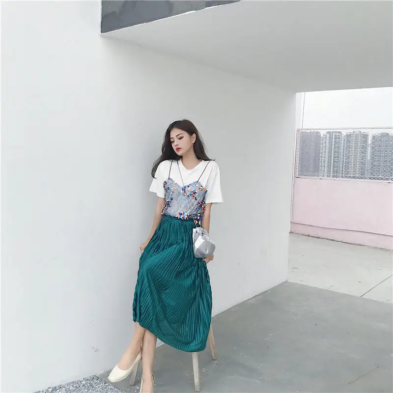 Подходящий Размер s/M,, модная летняя Женская Лоскутная Сетчатая футболка+ красивая плиссированная юбка, комплекты из 2 предметов