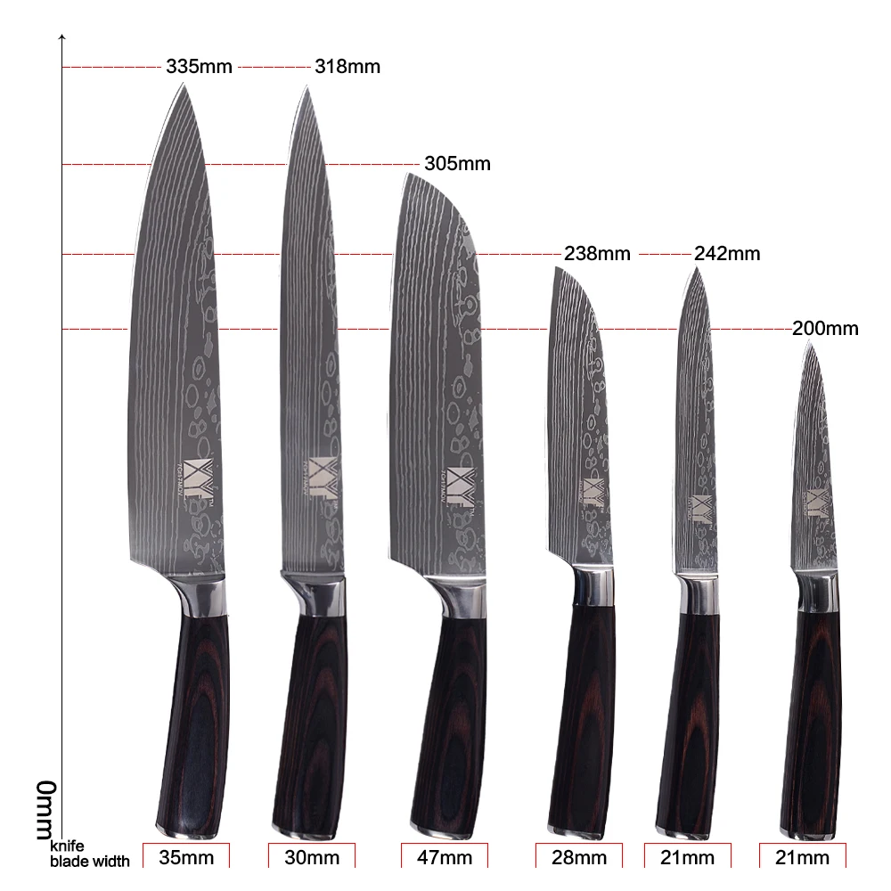 Кухонный нож XYj, 6 шт., имитирующий дамасский узор, 8 дюймов, 7 дюймов, 5 дюймов, 3,5 дюймов, набор ножей из нержавеющей стали+ 8 дюймов, Держатель ножей, чехлы для ножей