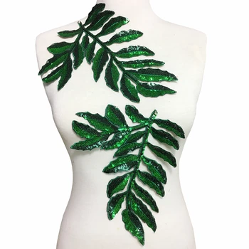 

3pc 19x23cm Sew On Sequin Fern Leaf Patch Beaded Plant Applique Patches For Clothing Appliques Parches Bordados Ropa AC1051