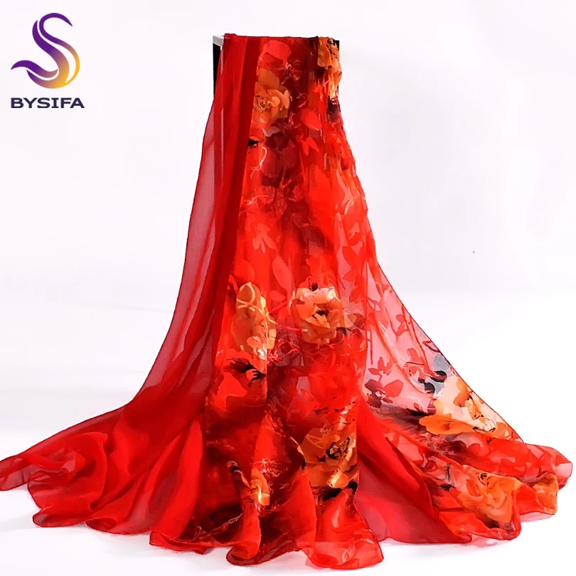 

[BYSIFA] Gold Red Women Silk Scarf Cape Fashion Brand Chiffon Long Scarves Wraps Spring Autumn Flower Scarf Shawl 180*80cm