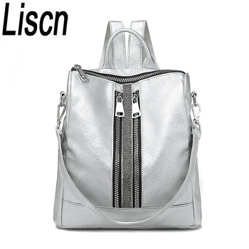 

Women's Daypacks Silver New Zipper Women Backpack Travel Stripe Small Backpacks PU Leather Waterproof Totes Luxury Shoulder Bag