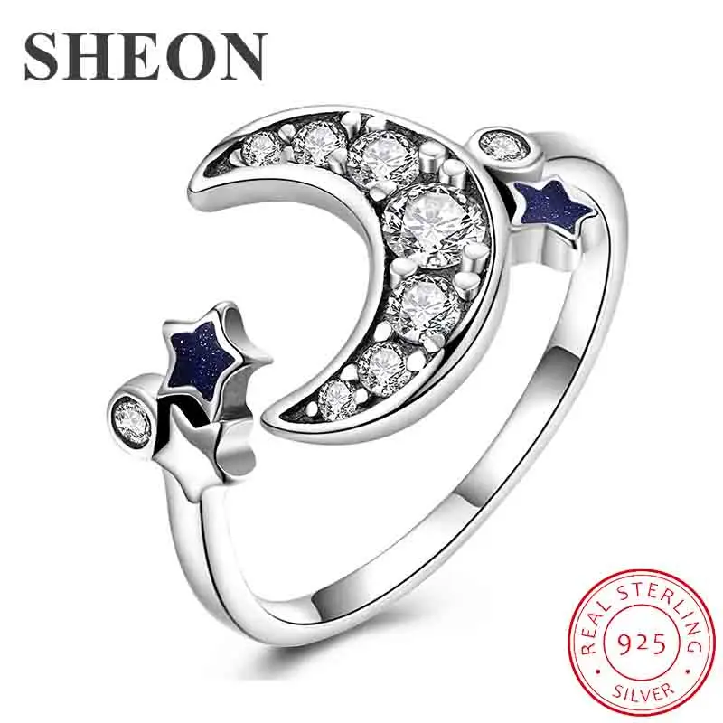 

SHEON 100% 925 Sterling Silver Moon And Star Female Adjustable Finger Ring With CZ for Women Sterling Silver Jewelry Anel