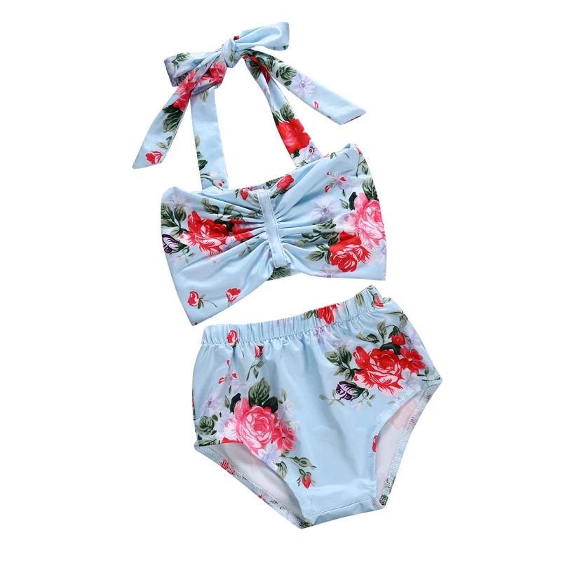 

2 Pcs Baby Swimwear Kid Swimsuit Floral Print Bow Tie Infant Kids Baby Girls Swimwear Straps Swimsuit