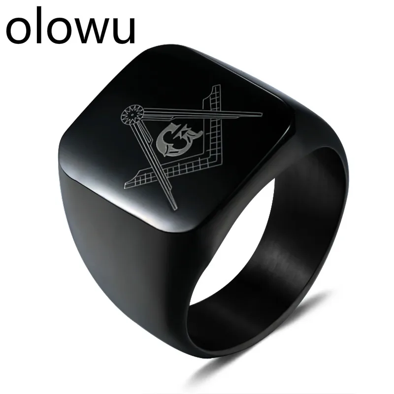 

olowu Mens Rings Mason Black Silver Gold Stainless Steel Square Alliance Finger Ring For Men Simple Punk Masonic Cool Jewelry