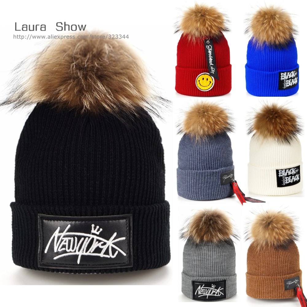 Трикотажная Шапка бини из шерсти в стиле хип хоп|wool beanie hat|beanie hatraccoon fur ball |
