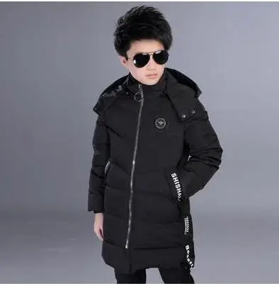 Куртка для девочек и мальчиков; коллекция года; модная зимняя пуховая верхняя одежда с капюшоном; теплое плотное пальто для мальчиков; детская одежда; зимняя одежда; зимний комбинезон; парка - Цвет: Черный