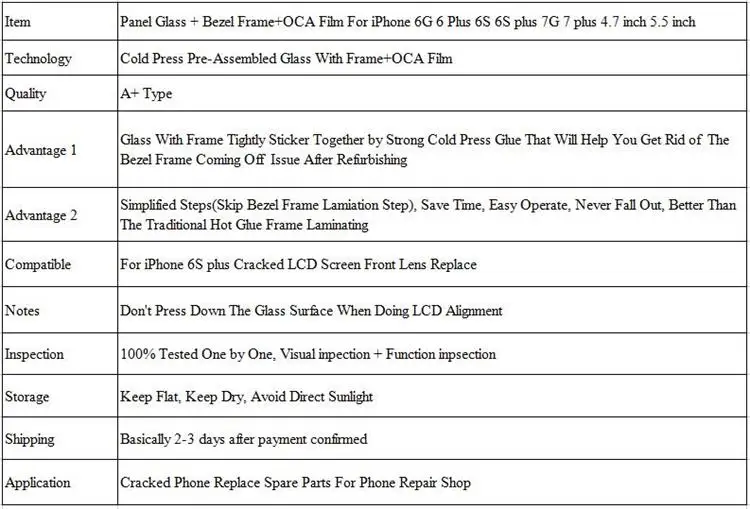 Panel Glass + Bezel Frame+OCA Film For iPhone 6G 6 Plus 6S 6S plus 7G 7 plus 4.7 inch 5.5 inch