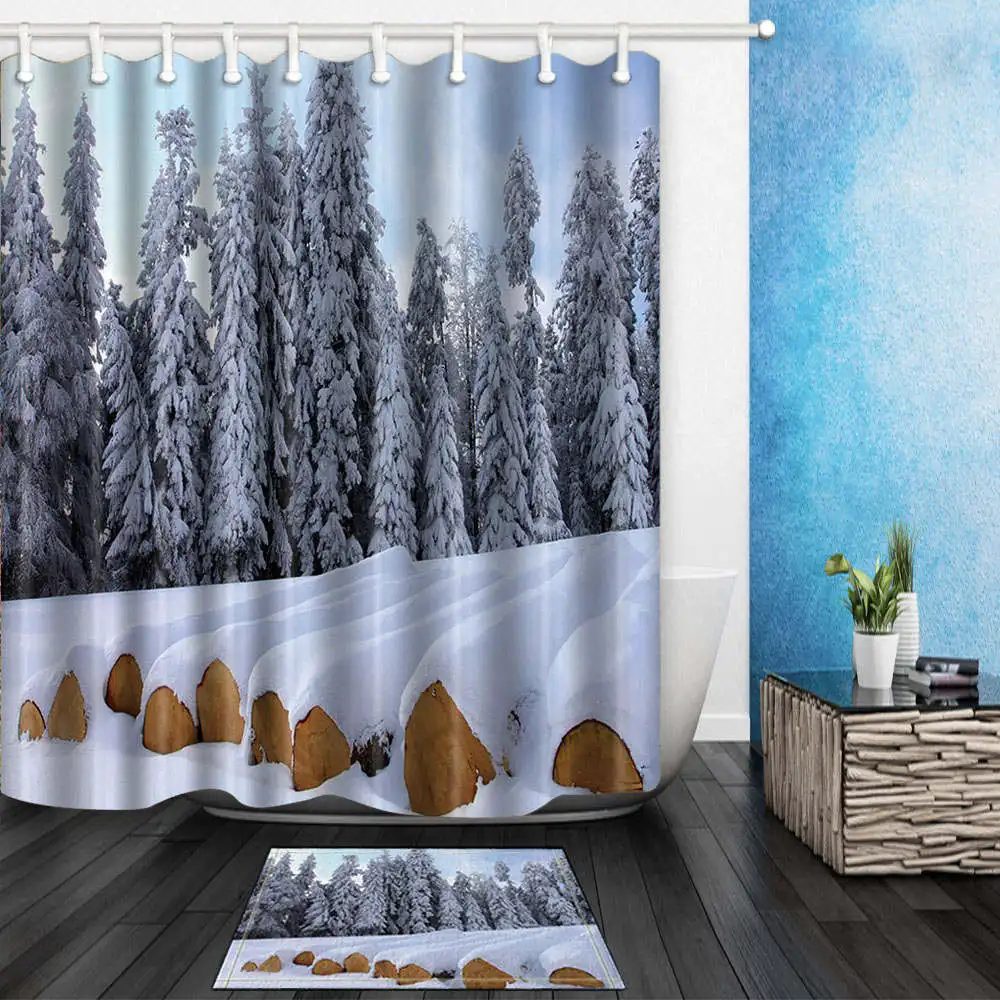 

Winter Forest Shower Curtains Frozen Scenery Bathroom Curtains Polyester Fabric Waterproof Moldproof With 12 Hooks Washable
