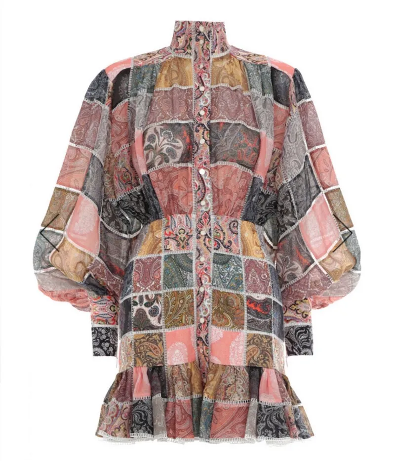 2019 Summer A-line dress with square and lantern long sleeve standing collar waisted dress