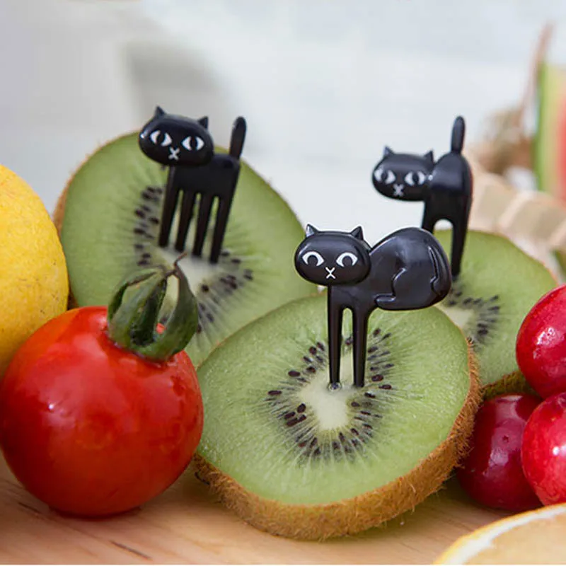 FHEAL New 6Pcs Mini Animal Fork Fruit Picks Cute Cartoon Black Cat Children Fork Toothpick Bento Lunch Box Decor Accessories  (5)