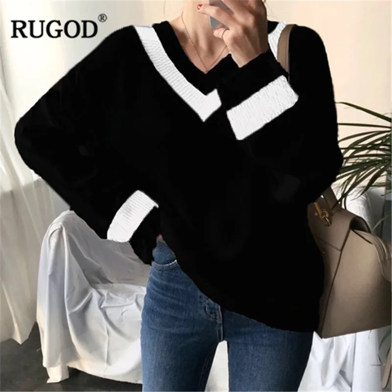 

RUGOD Knittes Stripe V-Neck loose sweater women Casual Long Sleeve Straight Plus size pullover women pull femme hiver