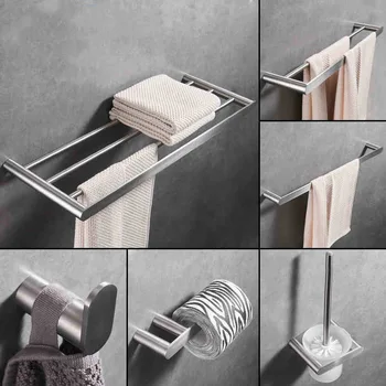 

304 Stainless Steel Bathroom Hardware Accessories Silver Brushed Roll Holder Robe Hook Toilet Brush Holder Bathroom Storage Set