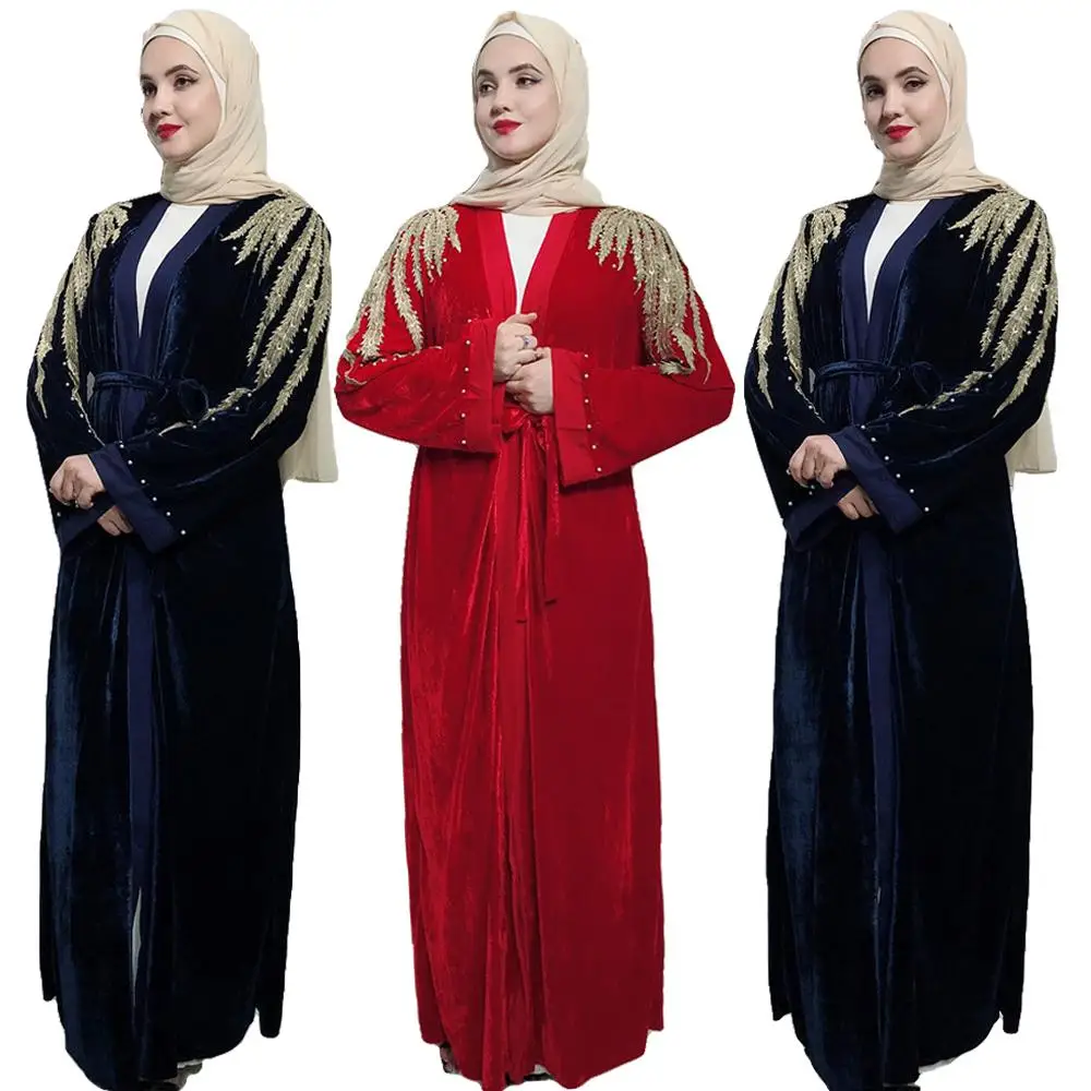 Женский бархатный открытый передний кардиган халат-кимоно Абая, для мусульман платье Арабский исламский бальное платье Дубай Рамадан Caftan