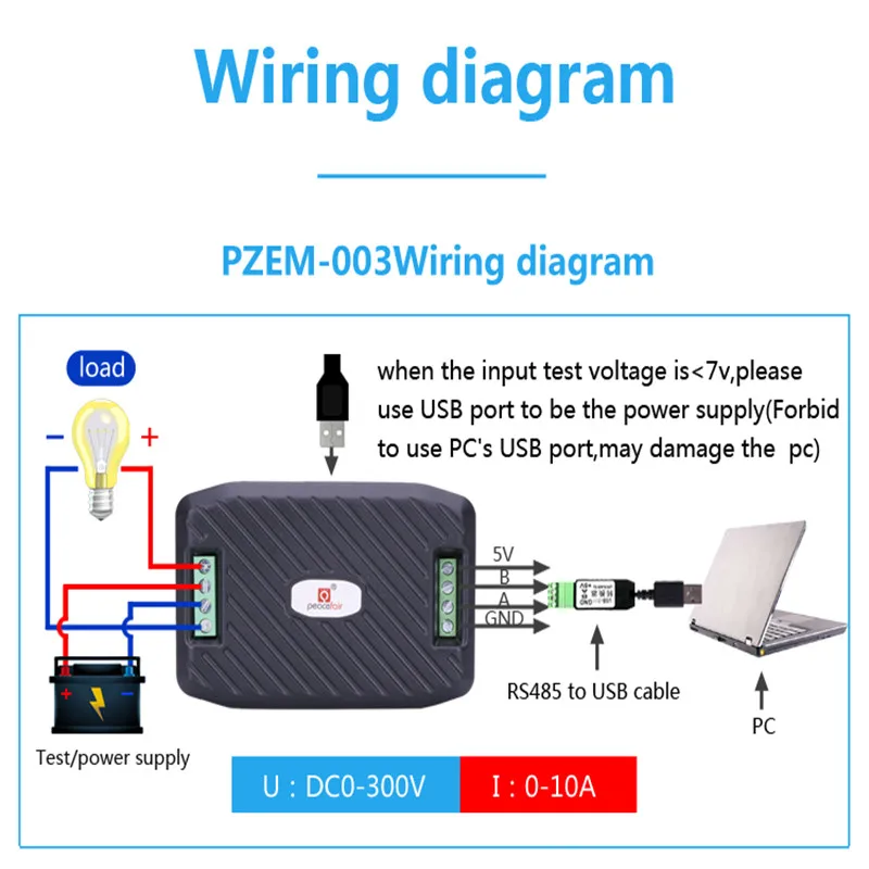 Peacefair последняя версия DC 0-300 в вольтметр PZEM-003 RS485 Modbus Напряжение Ток Мощность энергии автомобильный детектор напряжения с USB