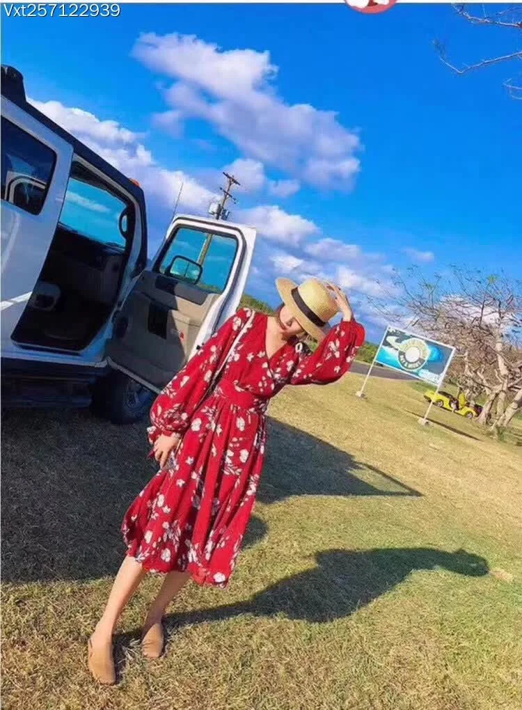 

2018 New arrival girls fashion quality red printing dresses women's casual holiday beach soft dress sleeve elegant size L #WX12