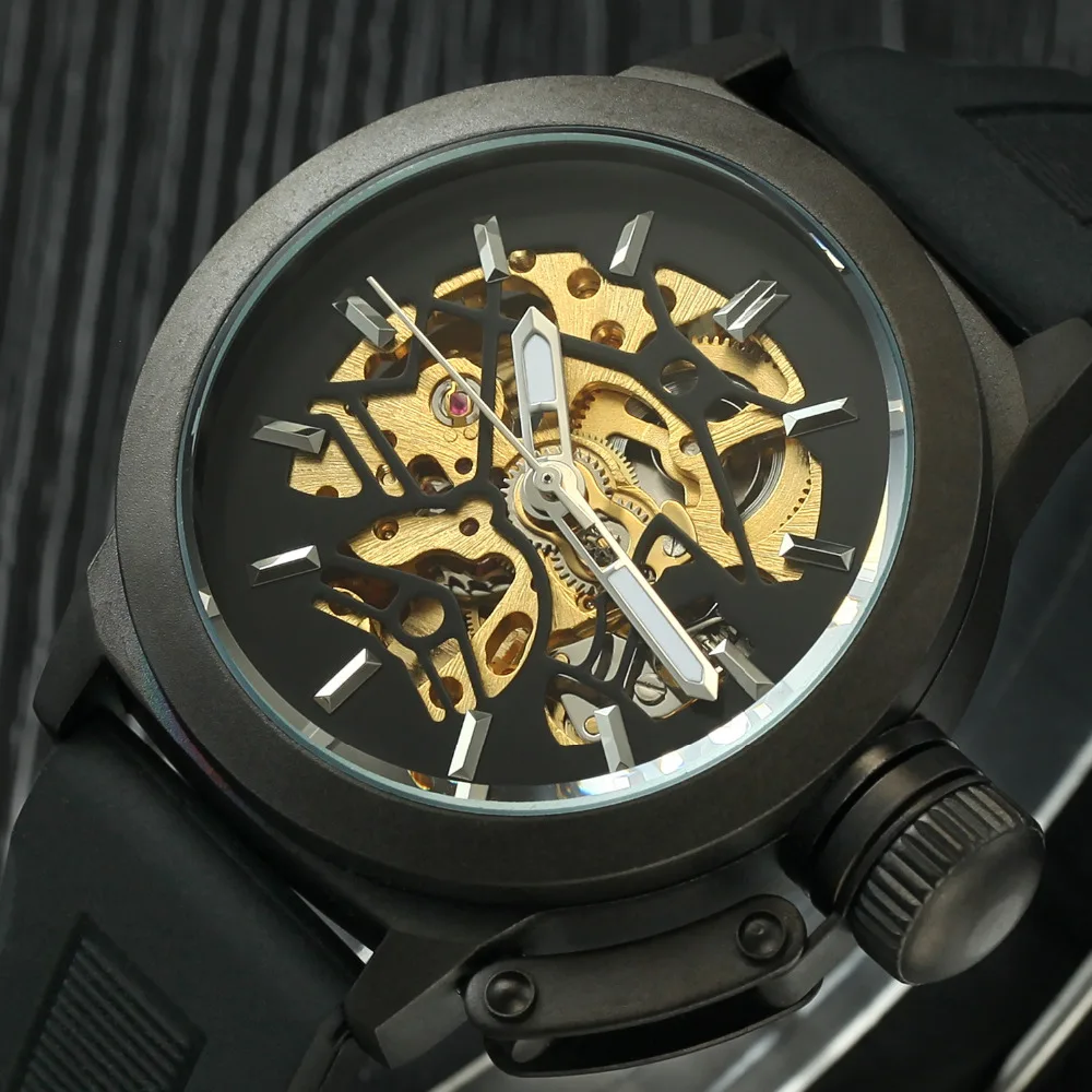 

Luxury Brand Mechanical Watches Men Black Silicone strap Skeleton Wristwatch Military Sport Watch Erkek kol saatleri 2018
