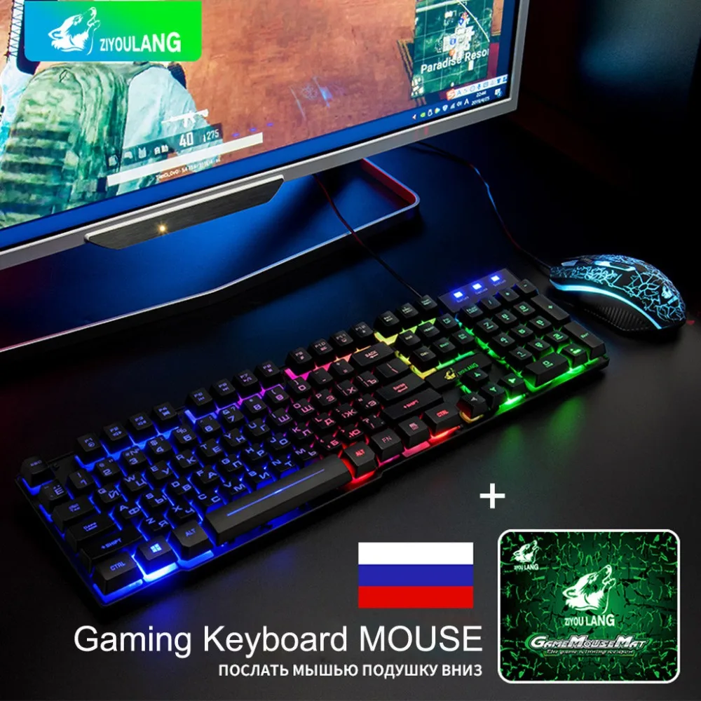 Продажа Самая дешевая Механическая Радужная Подсветка Usb эргономичная игровая английская русская клавиатура и мышь набор для ПК ноутбука teclado gamer