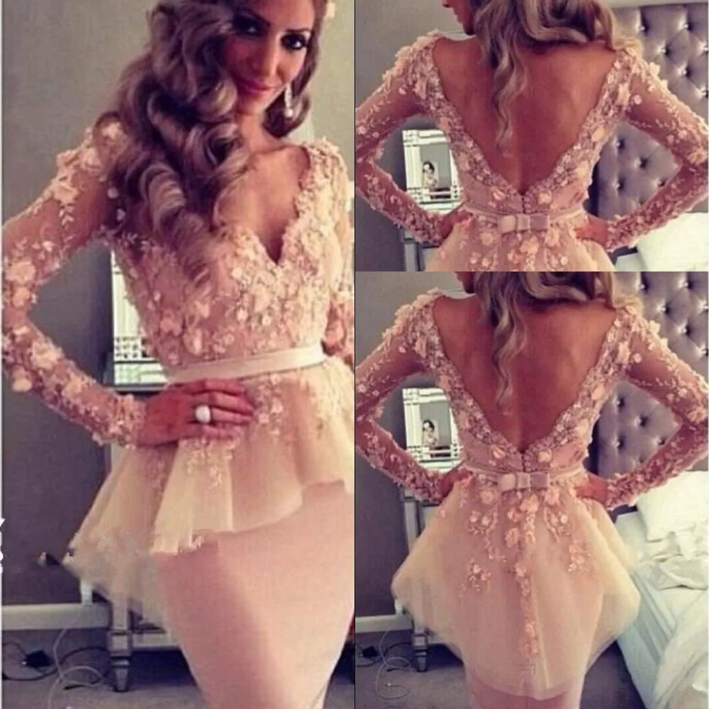 

2019 Hot Red Crystal Cocktail Dress V-neck Long Sheer Sleeves Sexy Short Cocktail Party Satin Dresses Fashion