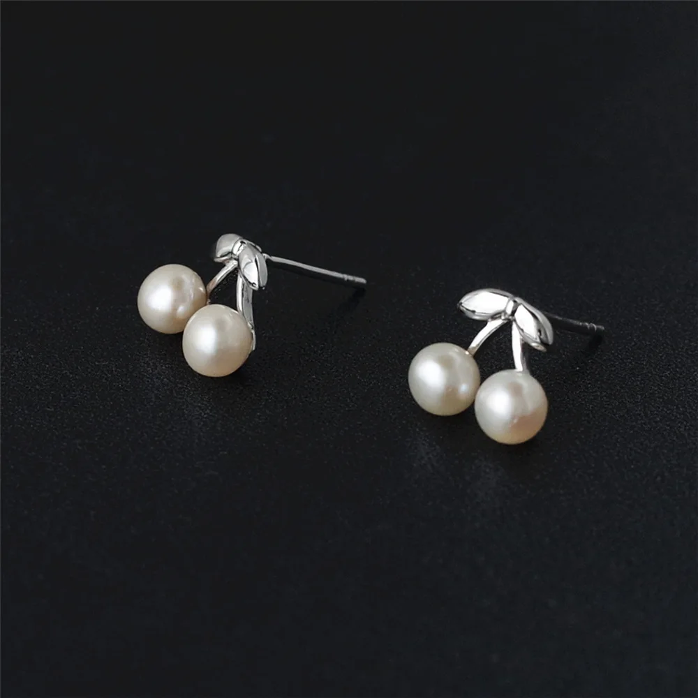 cherry pearl cz earrings 100% 925 Sterling silver Jewelry fashion Hypoallergenic Stud earrings for women gift