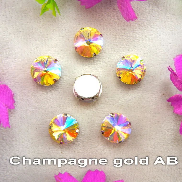 AB цвета серебряный коготь настройки 7 размеров круглые Rivoli Форма пришить Стекло Кристалл Стразы Бисер для одежды аксессуары отделка - Цвет: A15 Champagne gold
