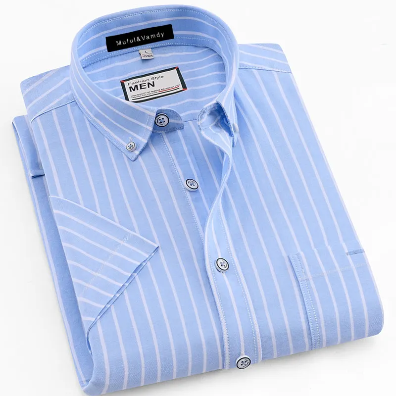 

High Quality Summer New Men's 100% Cotton Short Sleeve Dress Shirts Social Breathable Soft Button-down Men Casual Striped Shirt