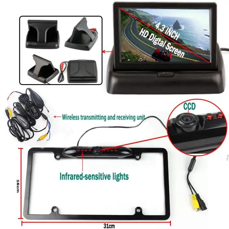

Car Stlying Parking System with Auto Rear View Camera 4.3'' Foldable Monitor Wireless Transmitter Black License Plate