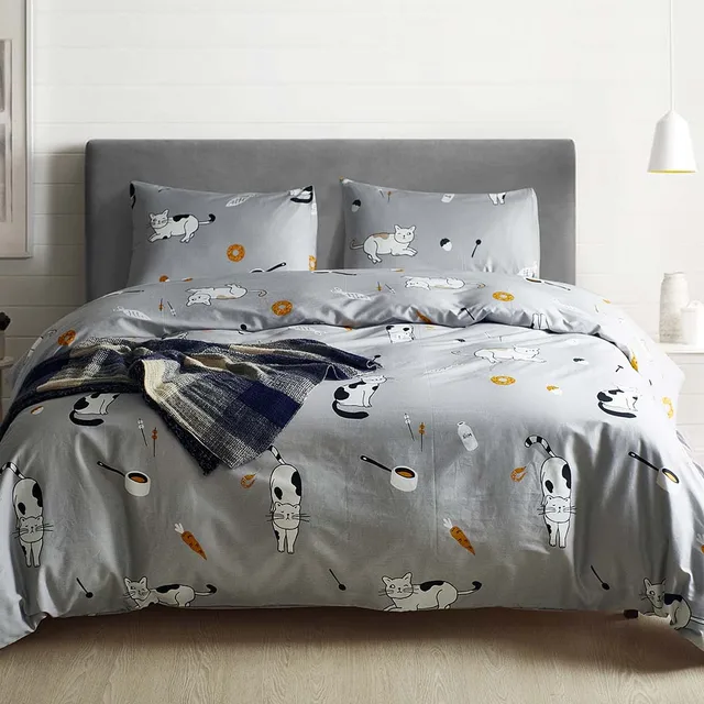 Cartoon Cat Kids Duvet Cover Set 100 Cotton Grey Pink Luxury Quilt