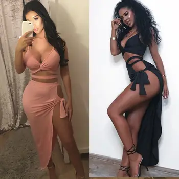 

Fashion Sexy Evening Party Dress Summer 2PCS Sets Sleeveless Strapless Bandage Solid Skinny Tops Skirts Clothes Sets