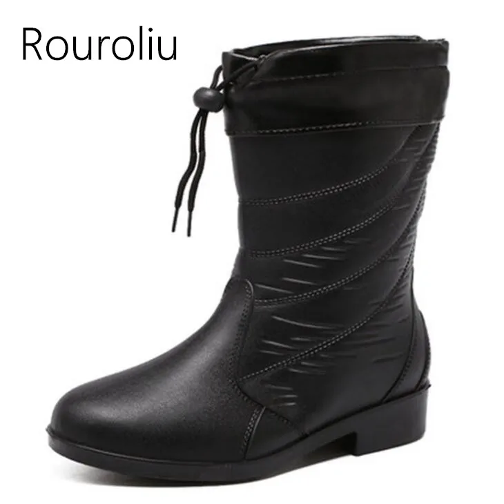 

Rouroliu Non-Slip Mid-Calf Snow Rain Boots waterproof boots women Water Shoes Woman Winter Warm Boots Socks Slip-on RT403