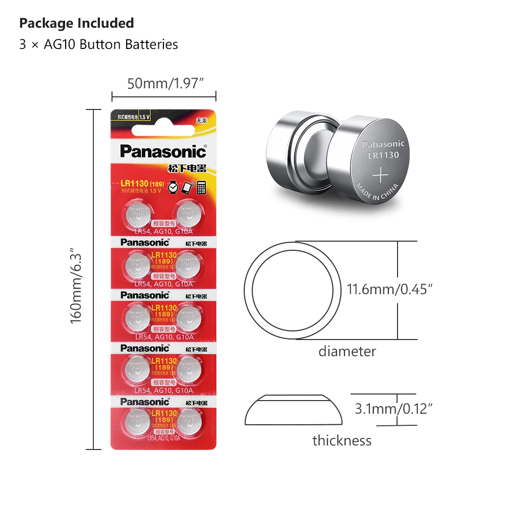 30 шт./лот Panasonic 1,5 V AG10 LR1130 плоский круглый аккумулятор Батарея батареи LR 1130 щелочной AG10 389 LR54 SR54 SR1130W 189 LR1130 кнопка