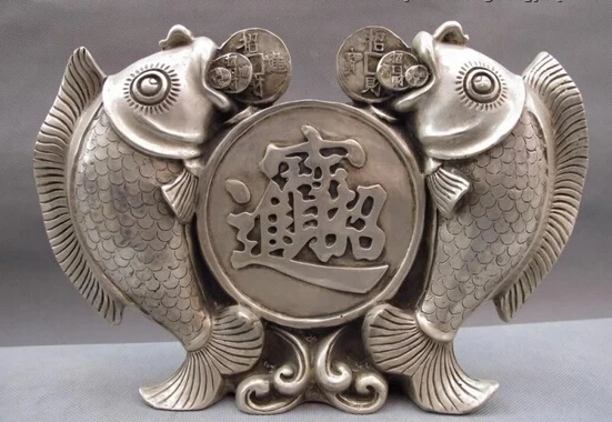 

S07125 China White Copper Silver Lucky Feng Shui Coin Money wealth Two carp Fish Statue
