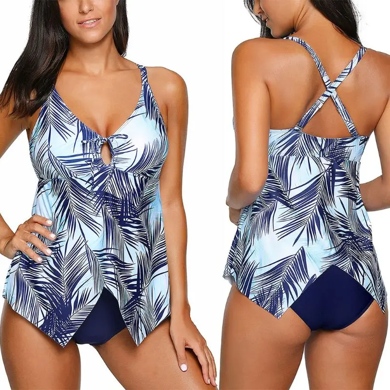 

Womens Plus Size Two Piece Tankini Set Deep V-Neck Keyhole Hollow Lace Up Tank Top Asymmetric Hem Swimsuit Tropical Leaves Print
