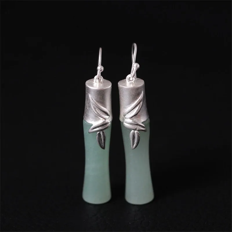 

FREE SHIPPING Elegant Original Natural Light Green Stones Bamboo Earrings High Quality Ethnic Jewelry