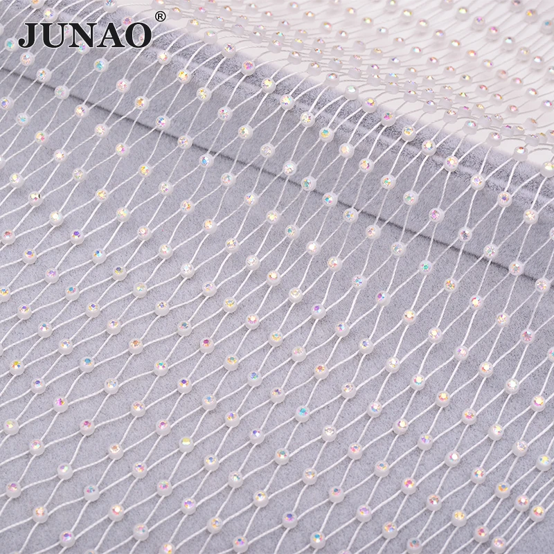

JUNAO 1 Meter White AB Glass Rhinestone Fabric Trim Stretch Diamond Mesh Crystal Ribbon Strass Applique for Clothes