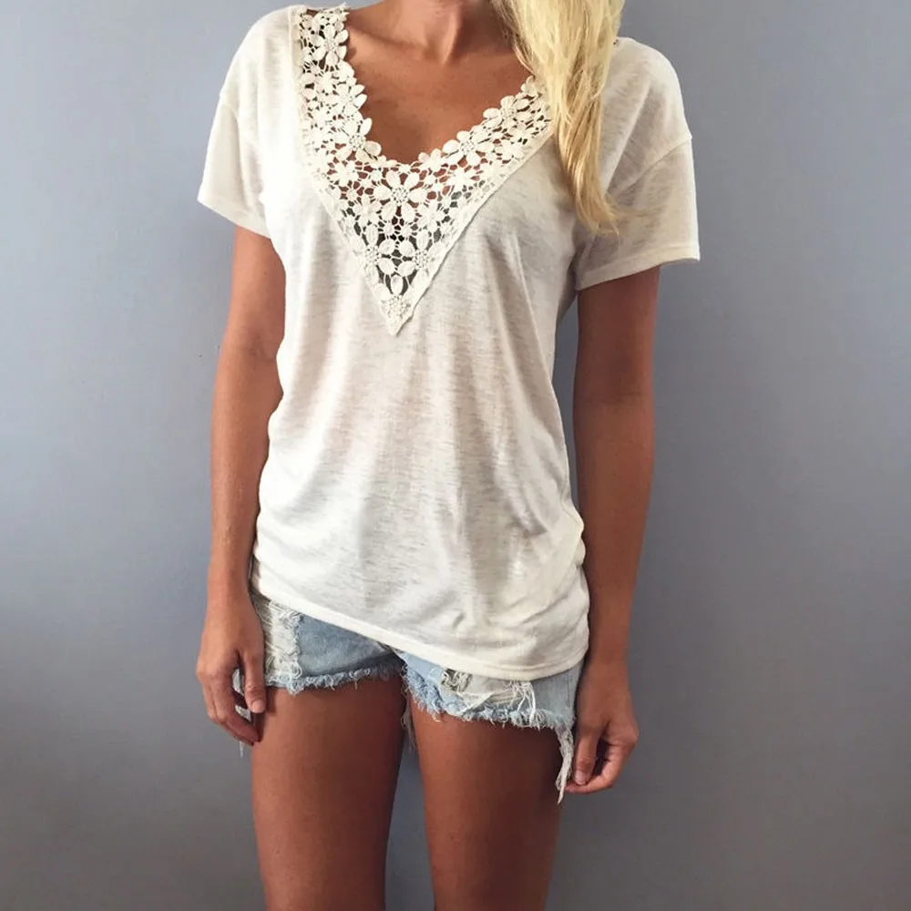 

Women Summer Vest Top Short Sleeve Casual Tops T-Shirt Lace Korean Fashion Clothing V Neck Camisas Mujer