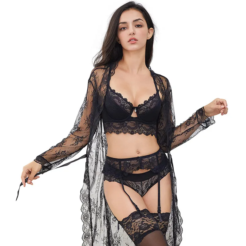  Varsbaby Sexy Lace Underwear Set Robe+Bra+ Panties+ Stockings +Y-line Straps +Thong 7 Piece For Lad
