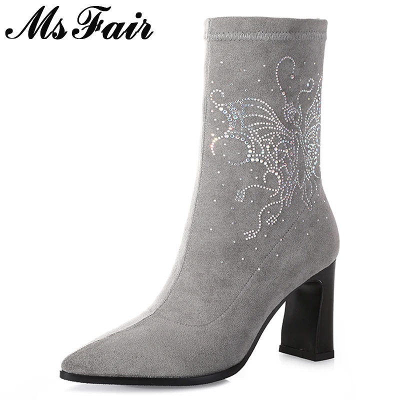 

MSFAIR Women Boots 2018 Hot Selling Crystal Ankle Boots Women Shoes Pointed Toe High Heel Boot Shoes Square Heel Boots For Girl