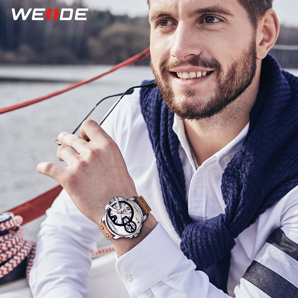 Gift WEIDE Man Luxury Sports Military PU leather Strap Band Quartz Movement Analog Clock Hours Wrist Watches Relogio Masculino