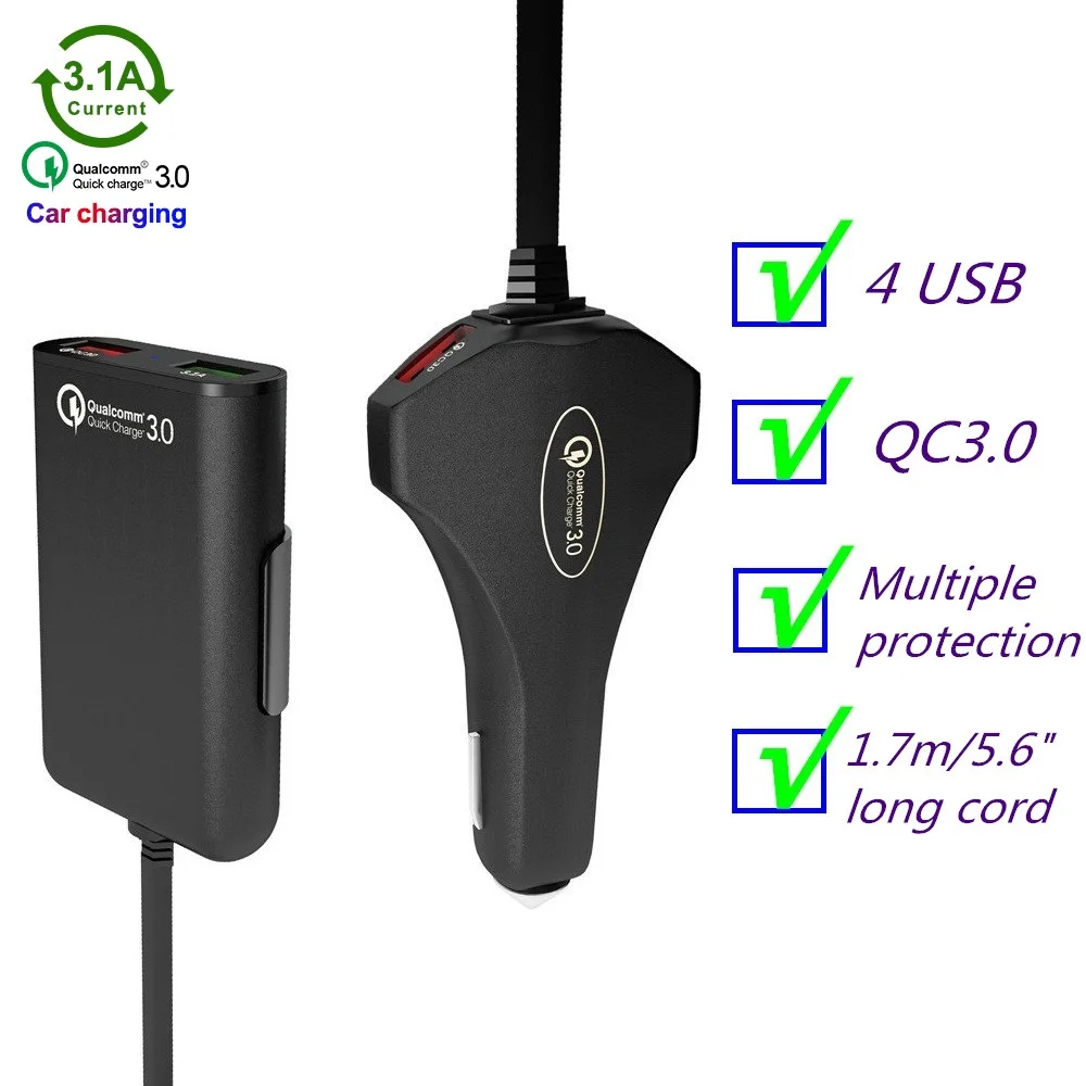 Автомобильное зарядное устройство с четырьмя usb-портами, безопасное автомобильное зарядное устройство QC3.0, быстрая зарядка 3A 5V для телефона, автомобильный зарядный кабель 1,7 m