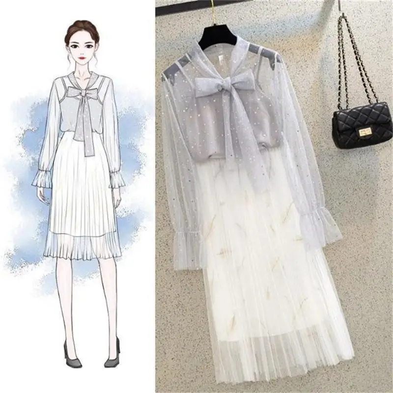 

2 piece set Women 2019 Summer Petal Sleeve V-Neck Mesh Shirt With Strapped +Elastic Waist Mesh Stitching Pleated Skirt Sets J52
