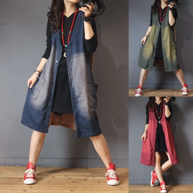 

Spring Autumn Women Casual All-match Loose Plus Size Vintage Bleached Patchwork Cotton Vest Outerwear