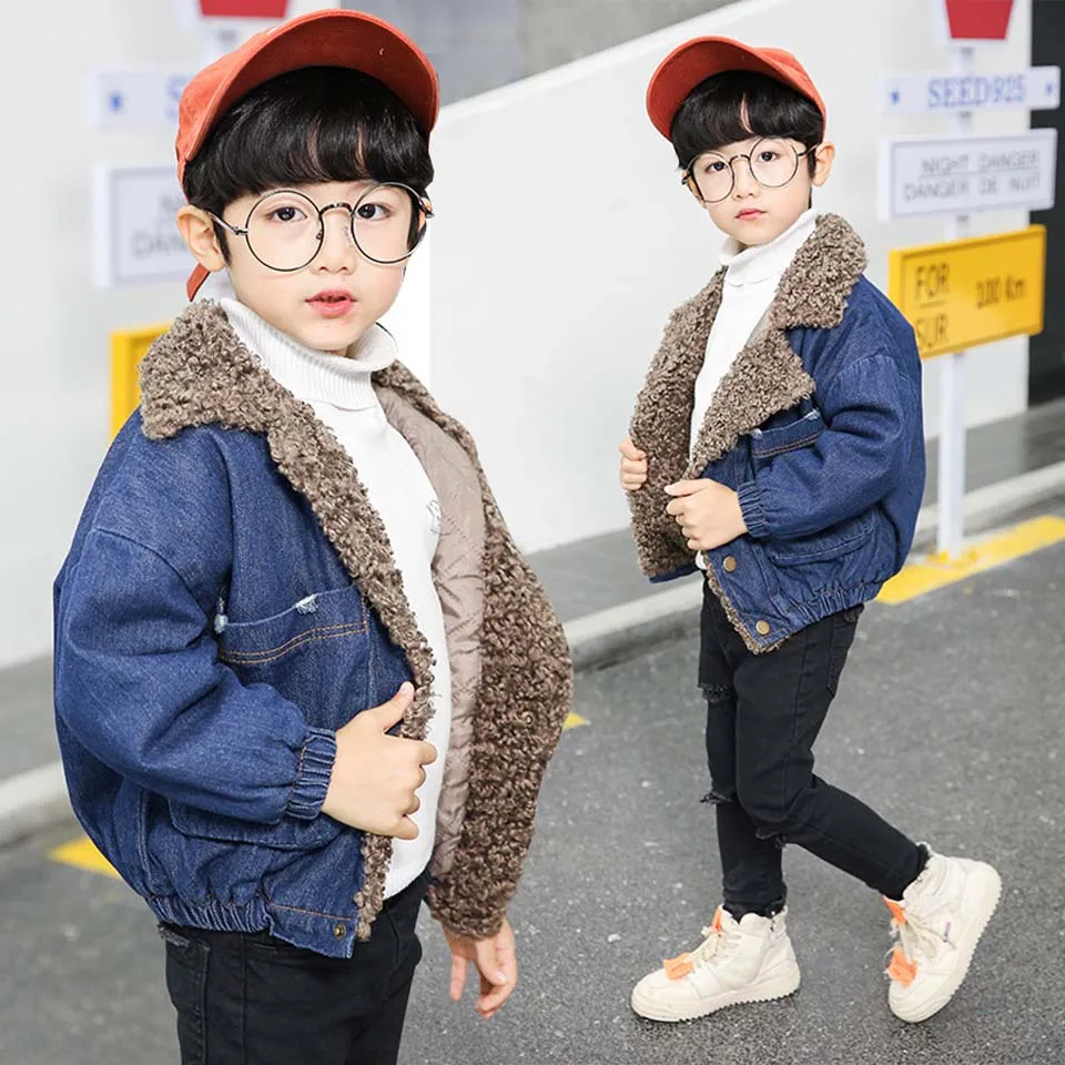 

2018 New Arrival Boys Plus Velvet Thick Children's Clothing Windbreaker Winter Warm Cotton Coat Big Boy Denim Jacket Outwear