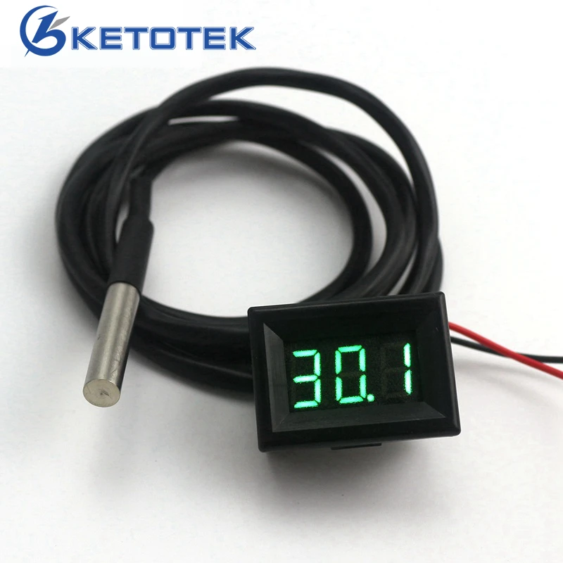 

Green LED Mini Temperature Meter DC 12V 24V Digital Thermometer 1m DS18B20 Sensor