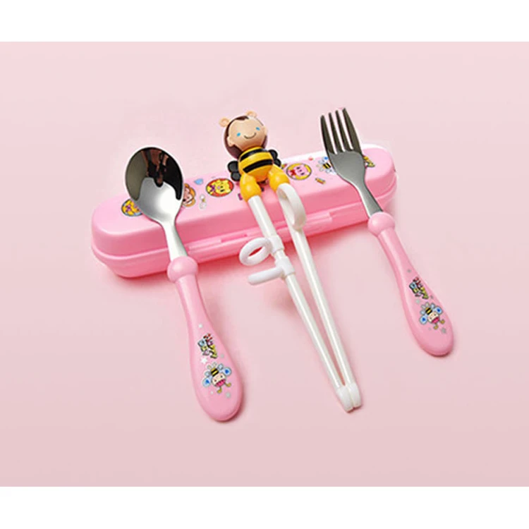 Детская Ложка Вилка палочки для еды младенческой из нержавеющей стали мультфильм кормления ложка наклоняющиеся многоразовые учебные палочки для еды набор для еды Столовые войны - Цвет: pink