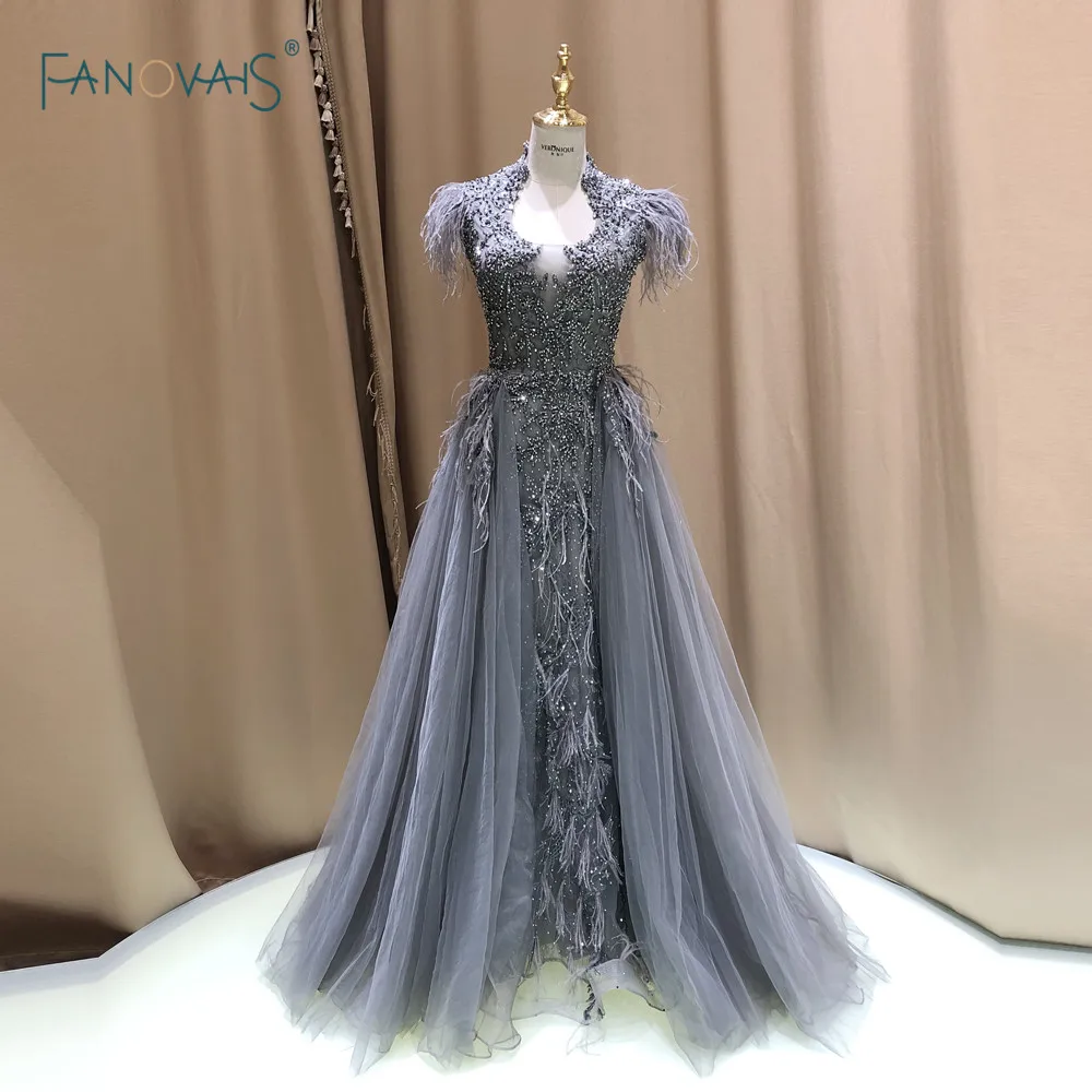 Luxury Evening Dress Long Arabic Feather Sleeve Shiny Beaded Prom Dress 2019 robe de soiree Vestidos de Fiesta de noche NE101