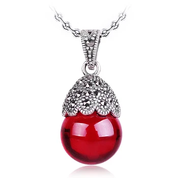 

925 Sterling silver women jewelry Red Garnet round red Pendant silversmith old handmade retro female water drop girlfriend gift