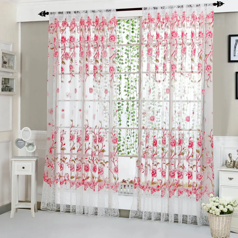 

Peony Printing Semi-transparent French Curtains Left and Right Double Open Wear Rod Curtains Living Room Gauze
