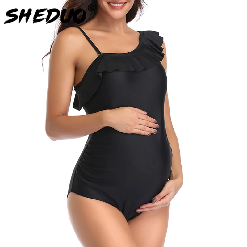 Ziola Women One Piece Maternity Swimsuits One Shoulder Swimwear Asymmetric Ruffle Flounce Monokini Bathing Suits Black